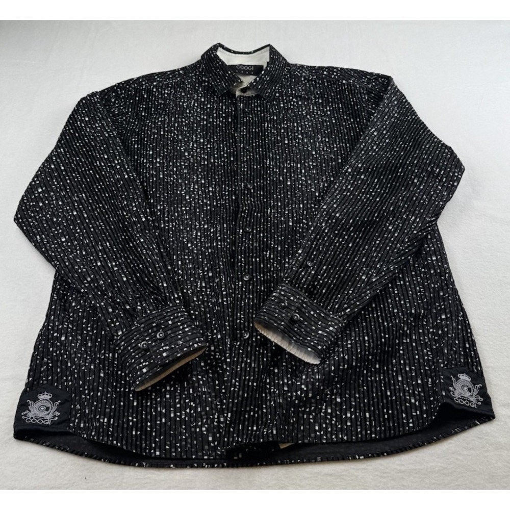 Coogi Luxe Men's Black Pleated White Confetti Button Up Shirt Size XL 17.5/18